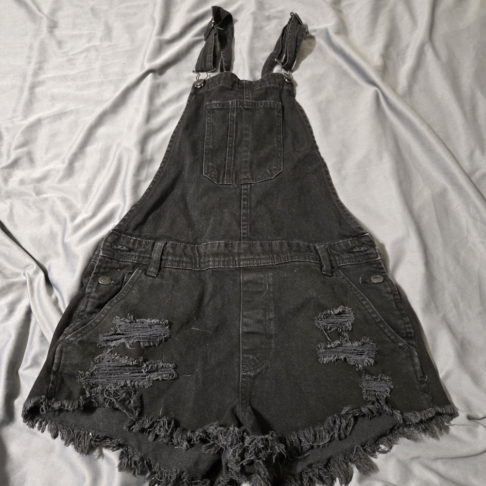 American Eagle Outfitters Women's Distressed Denim Overalls Shorts Size XS Black
